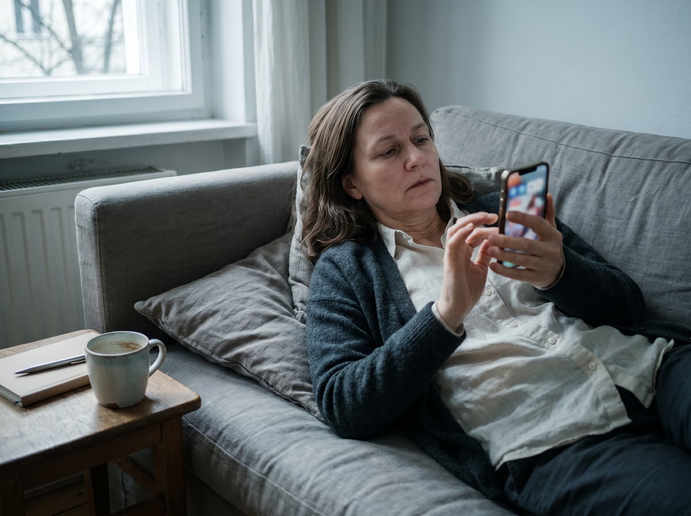 Frau scrollt unkonzentriert durch Social-Media-Feed auf dem Sofa